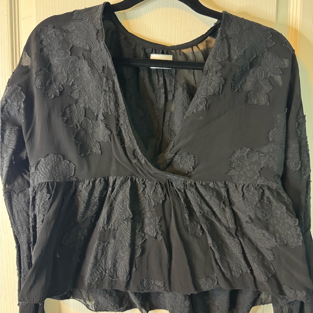 Wilfred Black Embroidered V-Neck Peplum Blouse